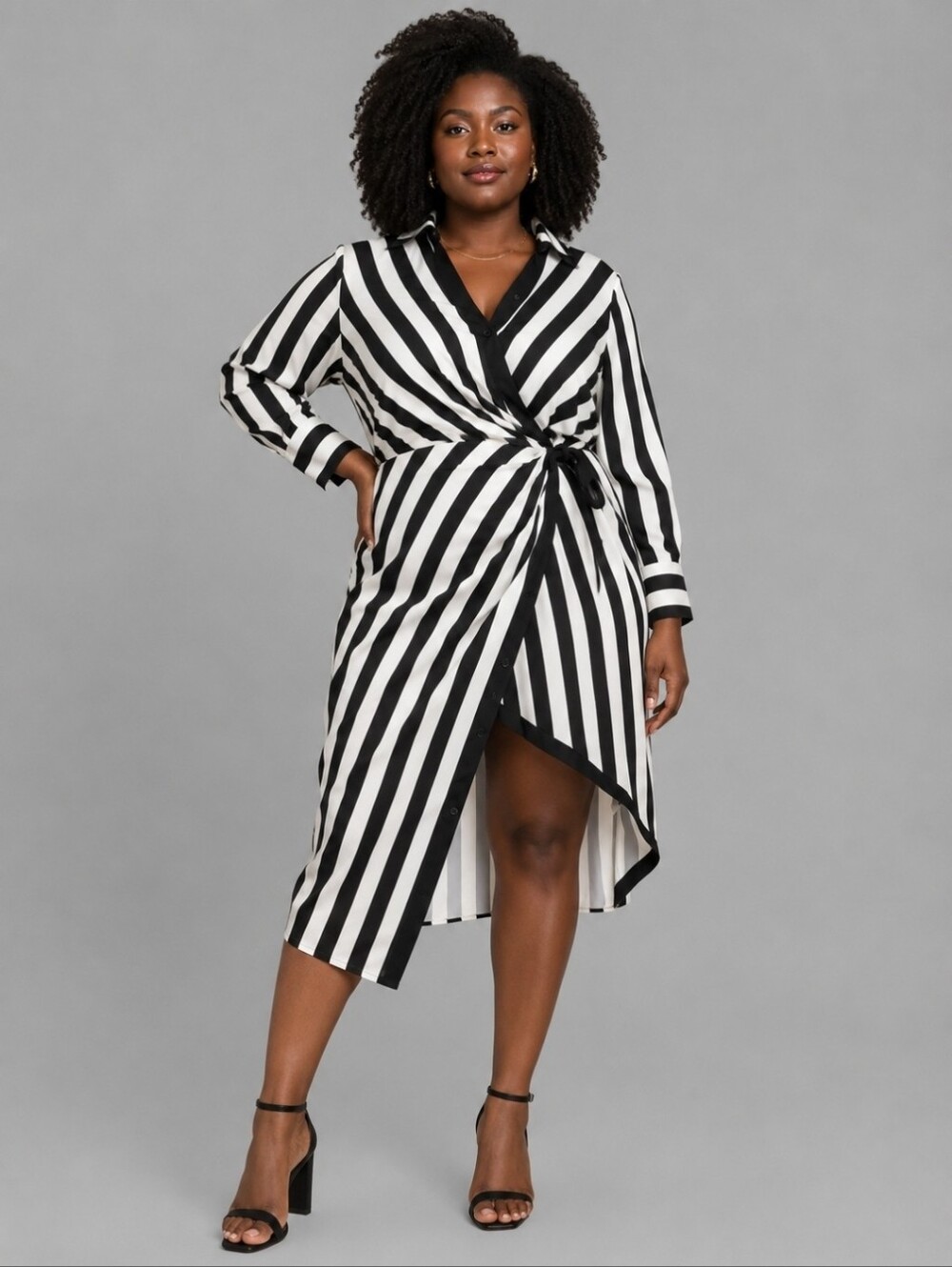 ELOQUII Black White Stripe Wrap Shirt Dress Plus Size 18 Asymmetrical Midi